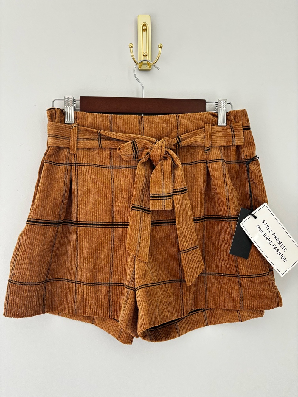 HAVE Paperbag Plaid Corduroy Shorts NWT M Camel Tie Waist Pockets Fall